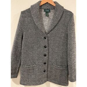 ~ Lauren Ralph Lauren Blazer Jacket Wool Black White Tweed Chevron Button Pocket